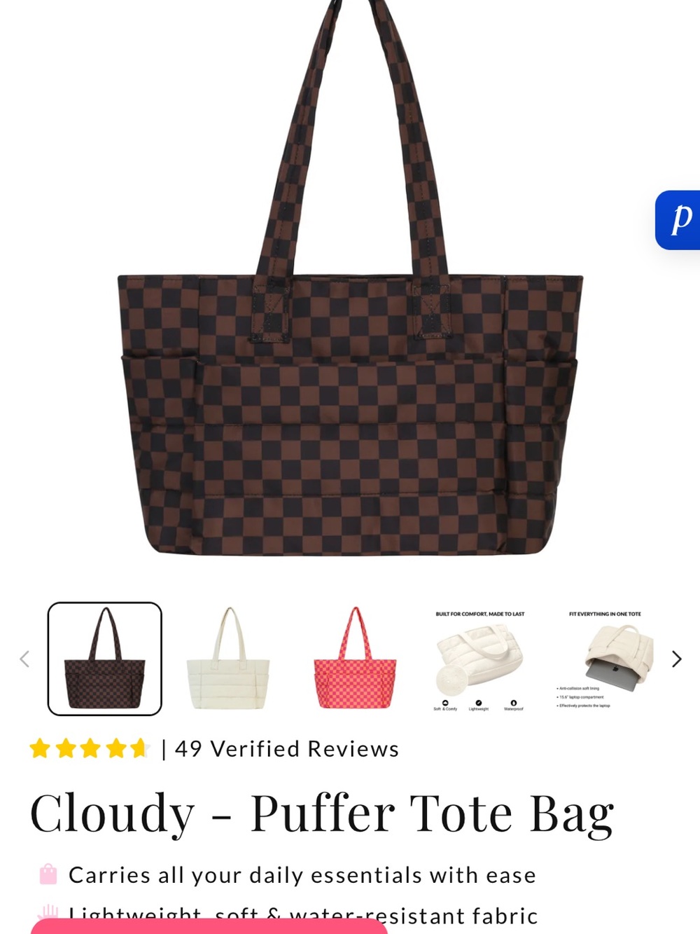 Cloudy Puffer Tote Bag - Brown Checker